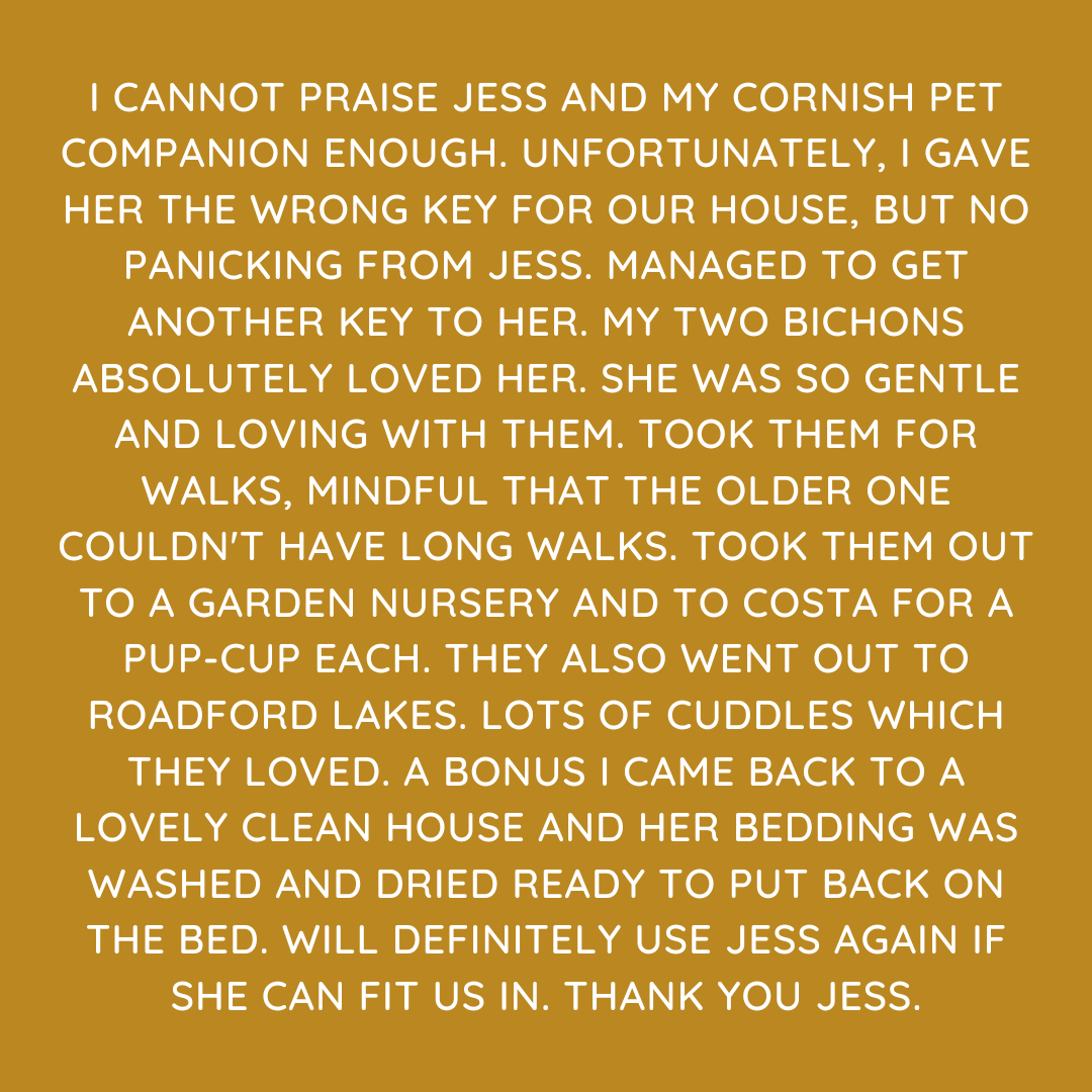 Pet Sitting Services in Saltash. Pet Sitting Services in Cornwall. Pet Sitting Services in Devon. Looking for reliable, caring and professional pet sitting services in Saltash, Pet sitting services in Cornwall and Pet sitting services in Devon? Jess at My Cornish Pet Companion provides high-quality, personalised pet care designed to keep your furry friends happy, safe and comfortable in their own home while you're away. Jess offers flexible and dependable services tailored to your pet’s individual needs. Based in Saltash, Jess proudly serves pet owners across Cornwall and Devon, delivering peace of mind while you’re at work, away on holiday or managing a busy schedule. My experienced and compassionate approach ensures your pets receive all the attention, exercise and companionship they deserve, reducing stress and maintaining their normal routine. At My Cornish Pet Companion, I care for a wide range of animals, including dogs, cats, small pets, smallholding animals and more. From feeding and walking to administering medication and providing companionship, every stay with your pets is carried out with professionalism, trust and genuine love for animals. Choose My Cornish Pet Companion for dependable pet sitting in Saltash, Cornwall and Devon, where your pets are treated like family. My Cornish Pet Companion also offers pet chaperone services for weddings, farwells and special events. As well as supportive pet doula services for every life stage.